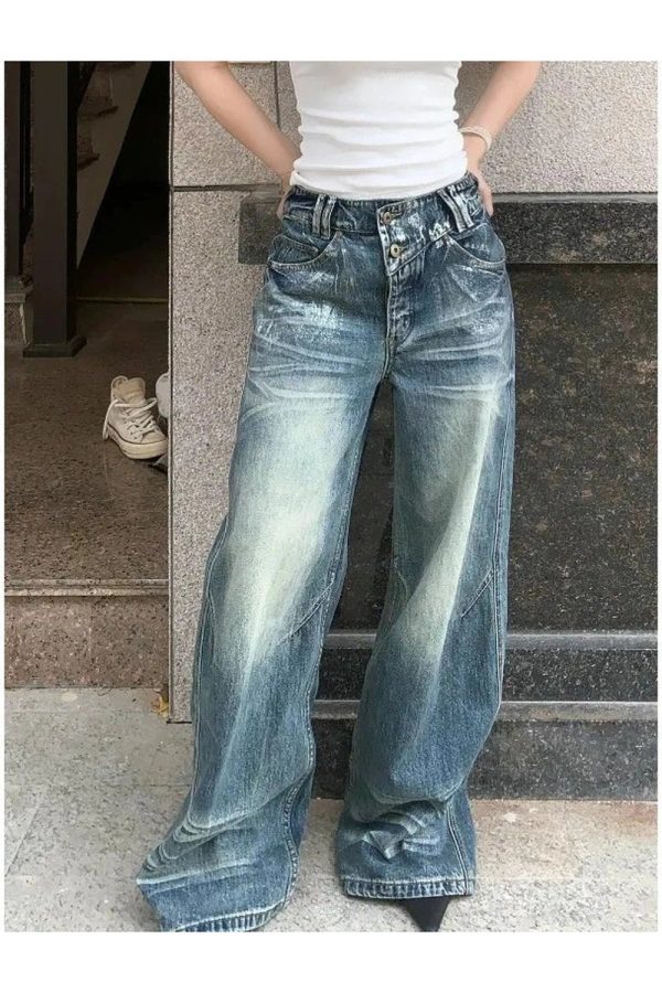 Y2K Vintage Fade Wide-Leg Jeans for Grunge & Coquette Aesthetic Outfits