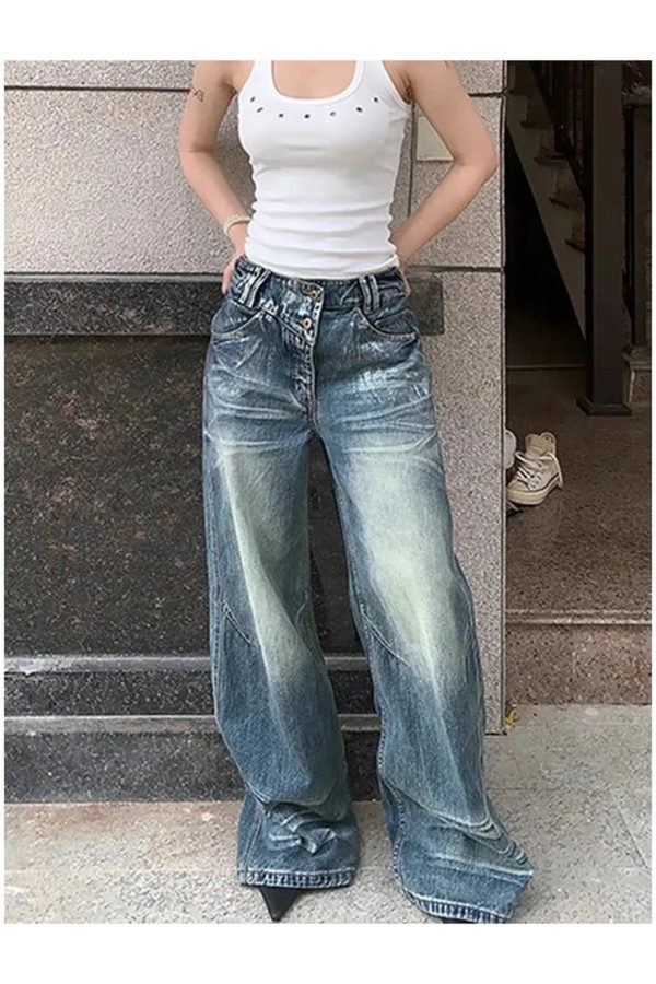 Y2K Vintage Fade Wide-Leg Jeans for Grunge & Coquette Aesthetic Outfits