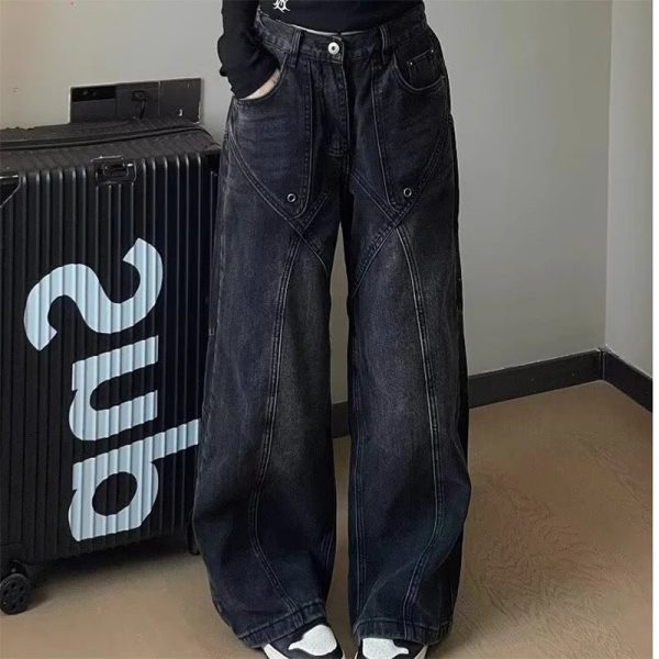 Y2K Vintage Stitch Wide-Leg Jeans for Grunge & Coquette Aesthetic