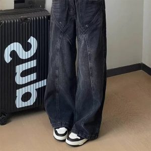 Y2K Vintage Stitch Wide-Leg Jeans for Grunge & Coquette Aesthetic